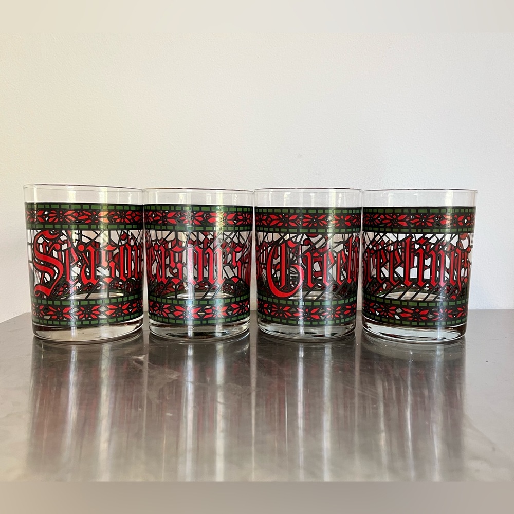 4 VTG 1970s Cera Houze Seasons Greetings Glasses Tumblers Stained Glass Gold Rim